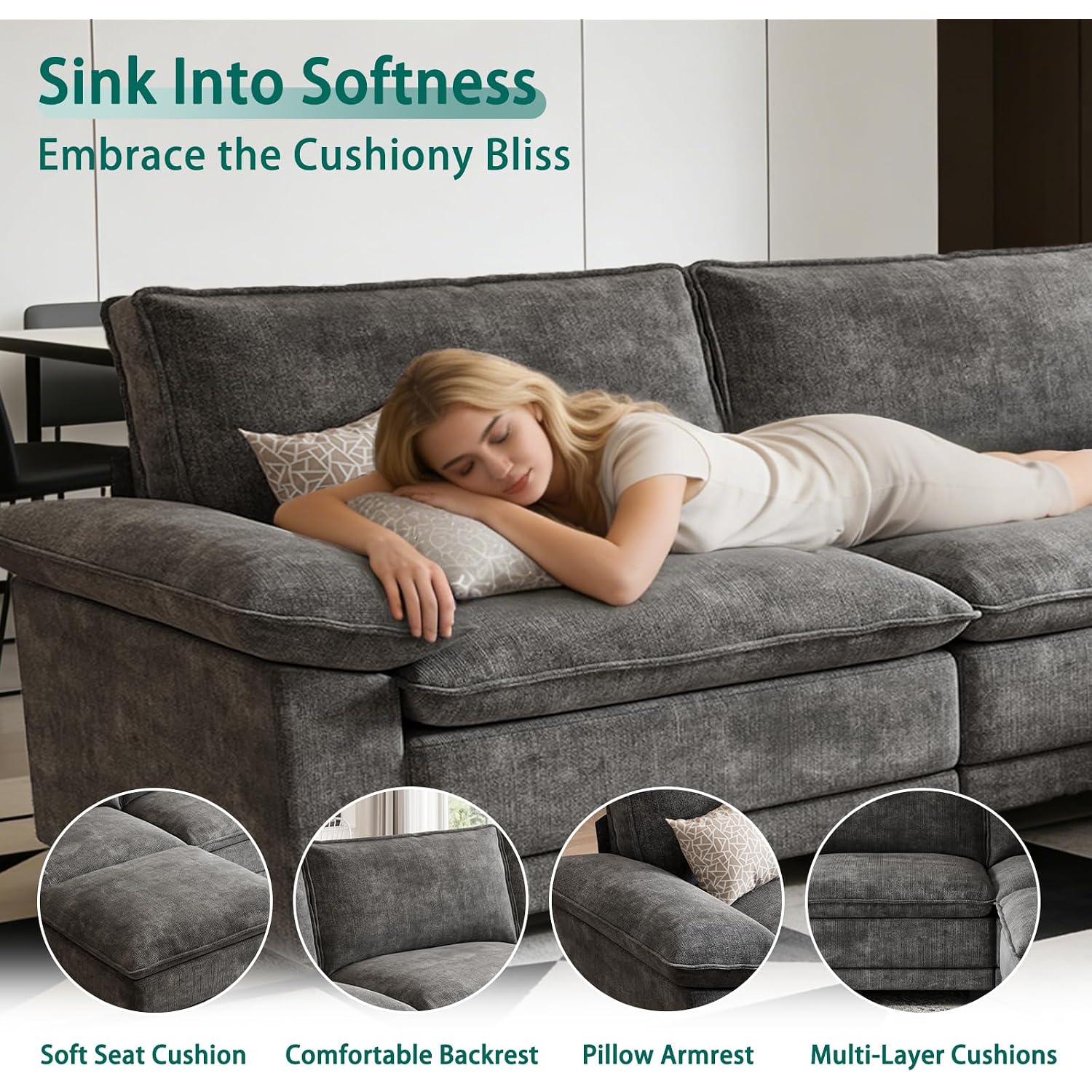 L Shaped Modular Sectional Couches For Living Room, Cloud Couch Sofa With Movable Ottoman, Comfy Chenille Couch, Seats 4, Dark Gray