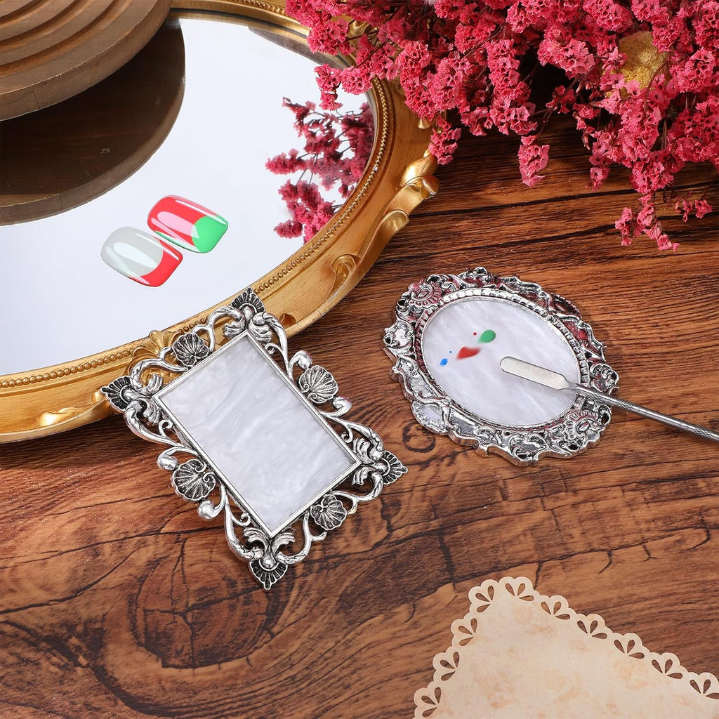 2 Pcs Nail Polish Mixing Plate, Resin Nail Art Palettes Gel Plate with Palette Stick Makeup Mixing Tray Nails Art Display Photography Props Sliver