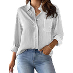 Grade 4 Wrinkle-Resistant Women's Button Down Shirts Striped Long Sleeve Collared Blouses Tops with Pocket
