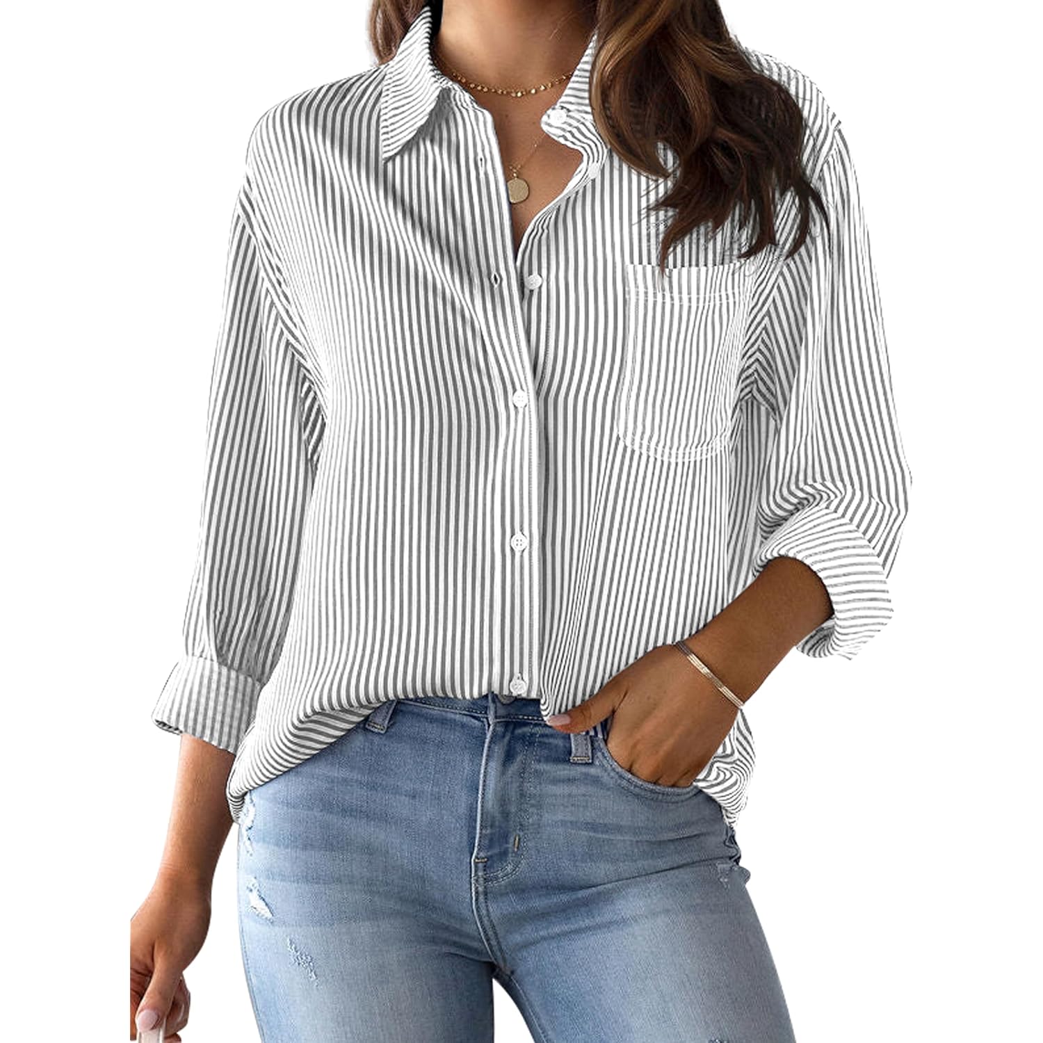 Grade 4 Wrinkle-Resistant Women's Button Down Shirts Striped Long Sleeve Collared Blouses Tops with Pocket
