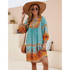 Bluetime Women Casual Summer Dress Boho V Neck 3/4 Sleeve Babydoll Floral Print Flowy Beach Dress