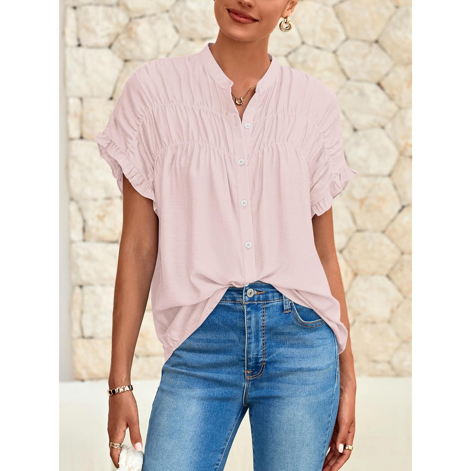 Mascomoda Womens 2026 Button Down Shirts Ruffle Short Sleeve Loose Summer Tops Dressy Casual V Neck Business Work Blouses