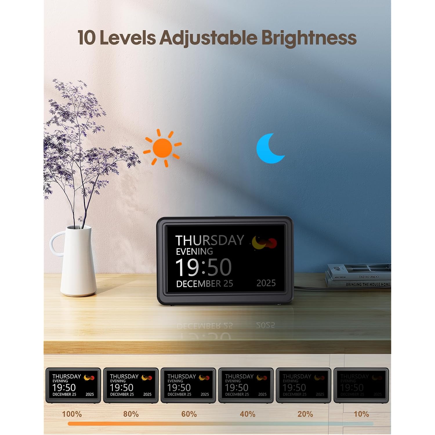 Clock With Day And Date For Elderly, 7" Large Display Digital Calendar Day Clock With 20 Custom Alarms And Medicine Reminders, Dimmable Dementia Alzheimers Clocks For Seniors, Black (Ac Powered)