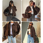 Womens Faux Suede Bomber Jacket Casual Lapel Pilot Cropped Coat Oversized Motorcycle Jackets 2025 Outerwear