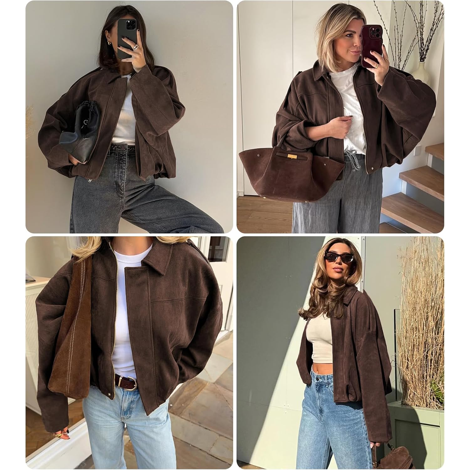 Womens Faux Suede Bomber Jacket Casual Lapel Pilot Cropped Coat Oversized Motorcycle Jackets 2025 Outerwear
