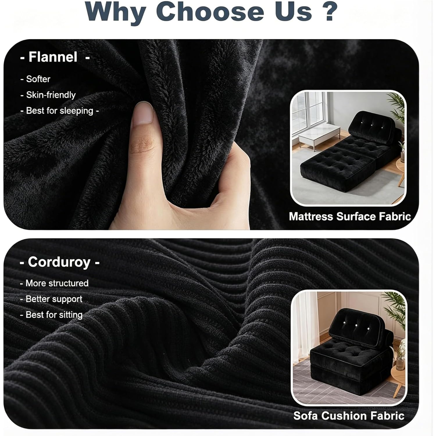 Folding Sofa Bed, Flannel Futon Couch Bed With Pillow And Blanket, Convertible Sleeper Chair For Small Space Apartment Guest Room, Black