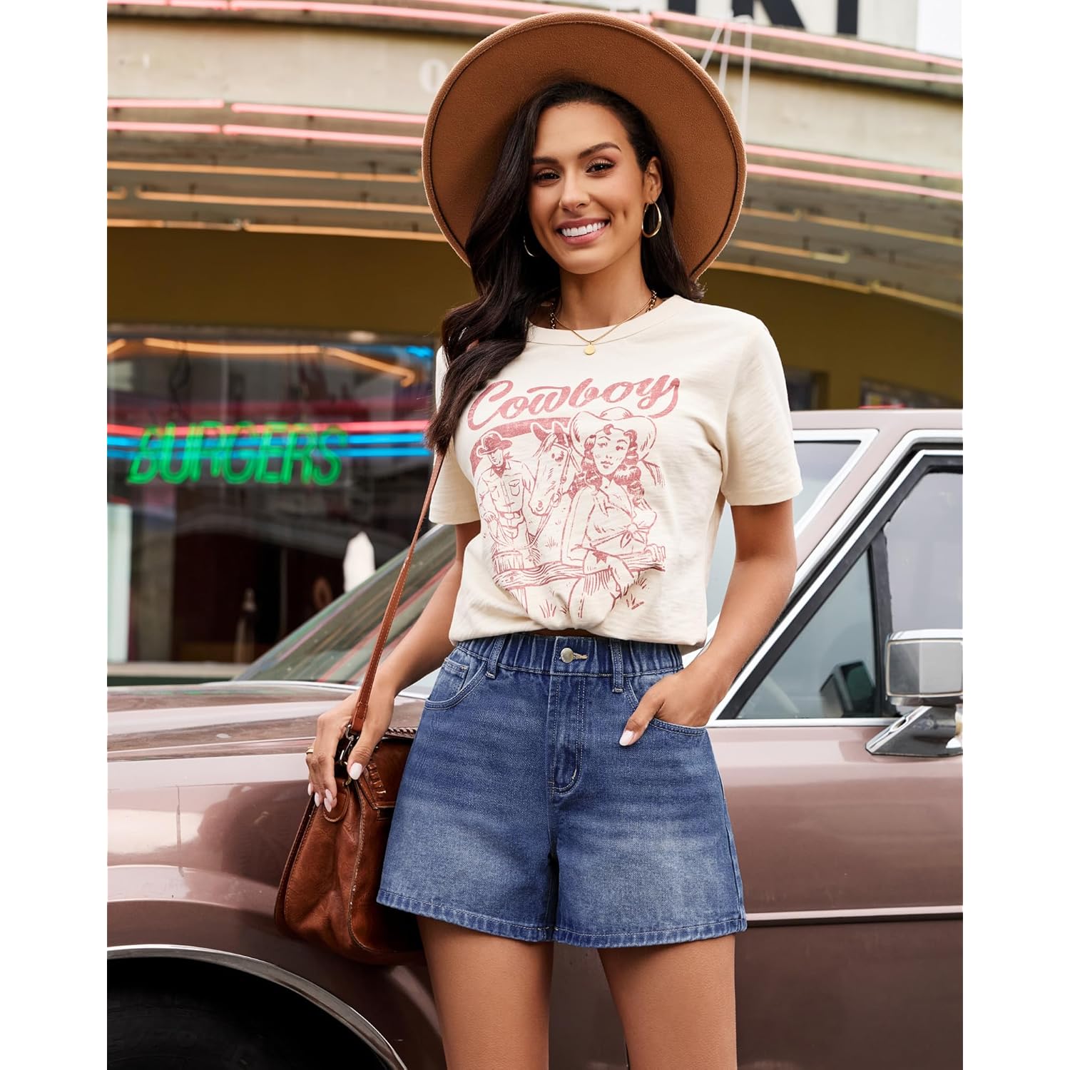 Jean Shorts for Women High Waisted Baggy Wide Leg Elastic Waist Mom Denim Shorts 4" Inseam Casual Summer Jorts