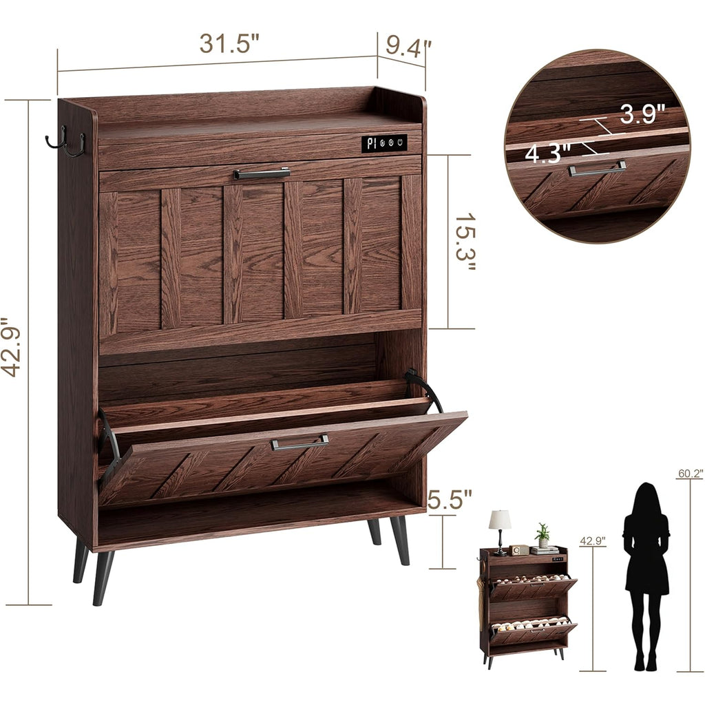 ChooChoo Shoe Storage Cabinet with 2 Flip Drawers, Deodorizing Shoe Organizer Storage for Entryway, Freestanding Hidden Slim Narrow Shoe Rack Cabinet, Walnut