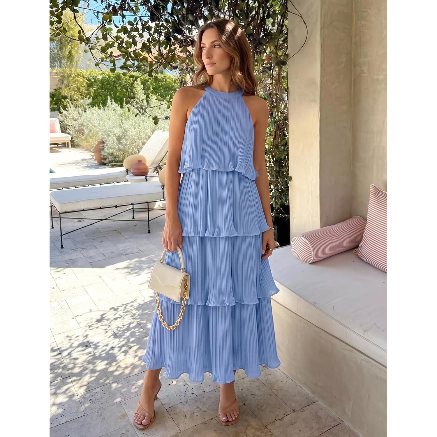 Zesica Women'S 2026 Summer Sleeveless Halter Neck Ruffle Tiered Layed Chiffon Flowy Swing Long Midi Dress