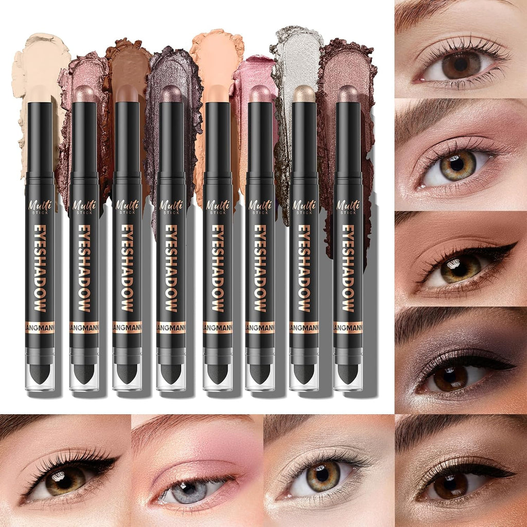 LANGMANNI 8Colors Dual-Ended Cream Eyeshadow Stick Set – Silky Smooth, Waterproof & Transfer-Proof, Built-in Blender Brush, All-Day Matte & Shimmer Wear Eye Makeup(#A)