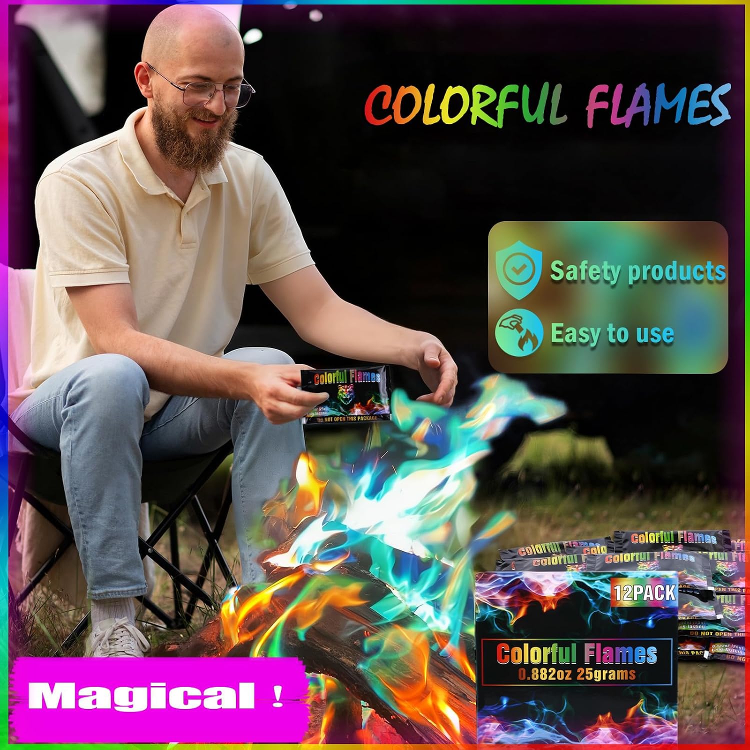 12Pack Fire Color Changing Packets，Magic Color Fire Packets For Outdoor Campfires, Fire Pits, Fireplaces, Long-Lasting Colorful Flames, Safe Camping Essentials