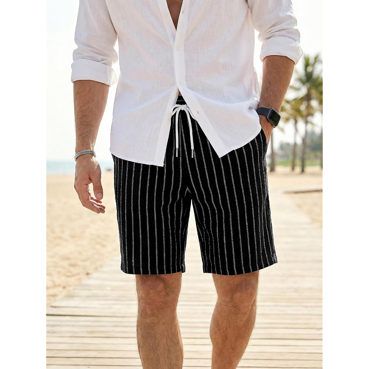 Jmierr Men’S Casual Stripes Shorts Relaxed Fit Elastic Waist Drawstring Shorts