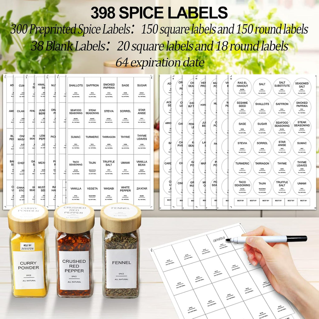 Aisiprin Glass Spice Jars With 398 Labels, 24 Pcs 4Oz Spice Containers With Bamboo Lids, Square Spice Bottles With Shaker Lids,Spice Organization For Cabinet,Drawer,Rack,Seasoning Organizer