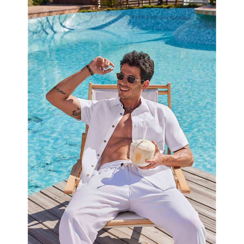 Coofandy Men'S Button Down Shirt Short Sleeve Cotton Casual Summer Shirts Beach Vacation Linen Shirts For Men