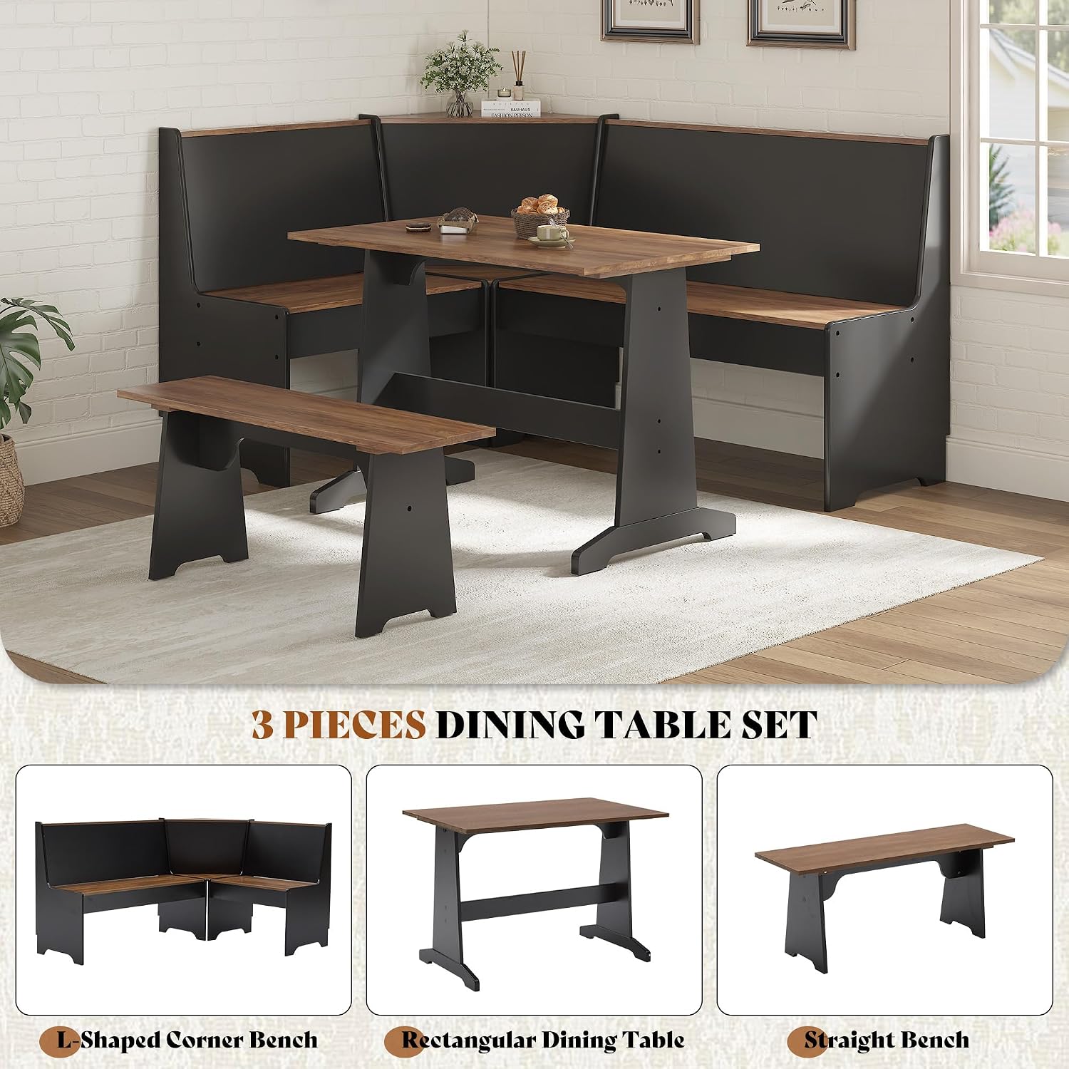 3-Piece Corner Dining Set With Hidden Storage, Black Oak | Breakfast Nook, L-Shaped Corner Bench, Hidden Storage, Space Saving Design For Small Space, Kitchen Dining Room Furniture