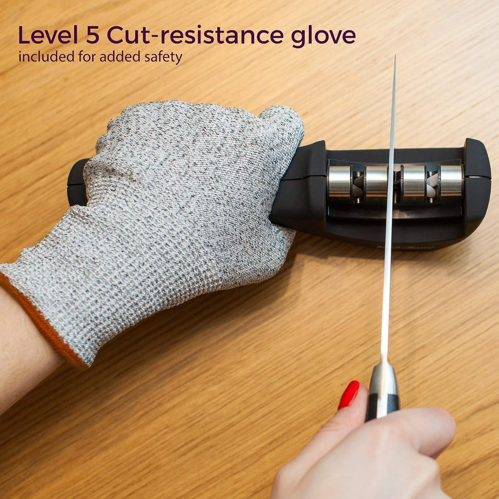4-In-1 Kitchen Knife Accessories: 3-Stage Knife Sharpener Helps Repair, Restore, Polish Blades And Cut-Resistant Glove (Black)