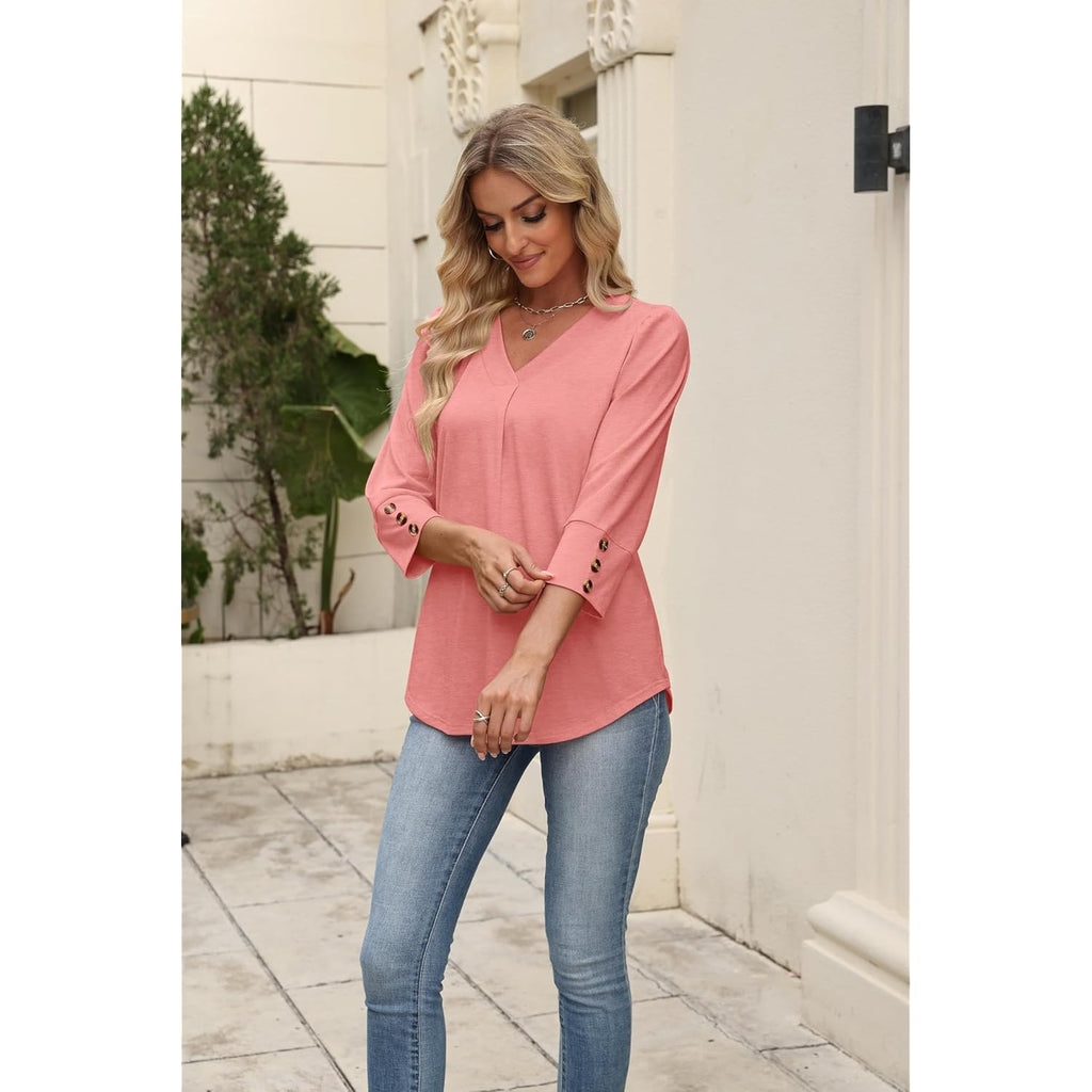 Womens 3/4 Sleeve Tops with Buttons V Neck Summer Outfits Dressy Casual Blouses for Women Fashion Clothes