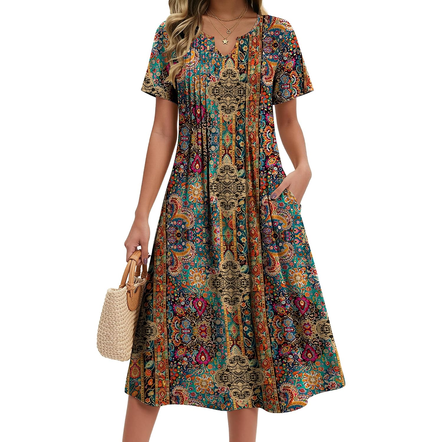 Zeagoo Summer Dresses For Women 2026 Casual Short Sleeve Aline Midi Dress With Pocket Flowy Pleated Tshirt Beach Sundress