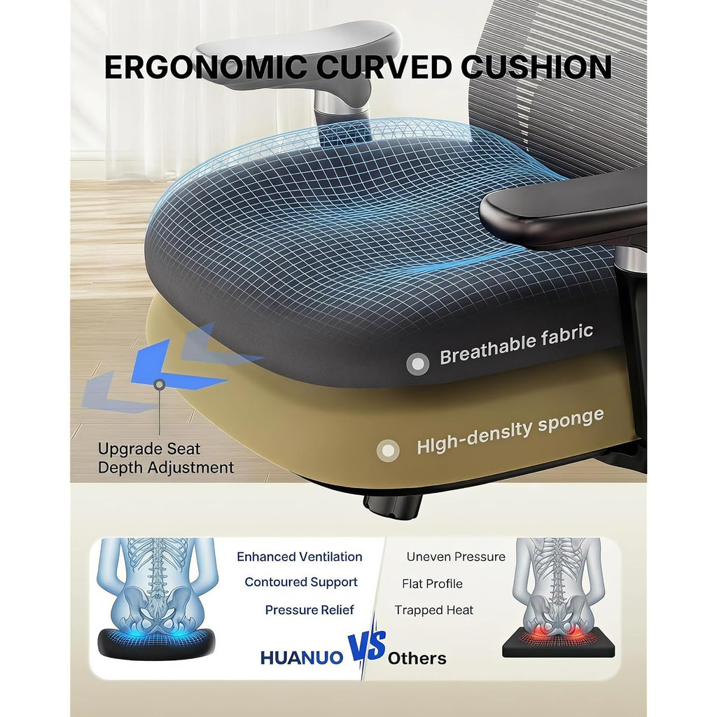 Huanuo Flowlift™ Ergonomic Office Chair With 6D Armrest, Seat Depth Adjustment, Lumbar Support, Quiet Rubber Caster, High Back Mesh Desk Chair With 3D Headrest, Big And Tall Chair For Home Office
