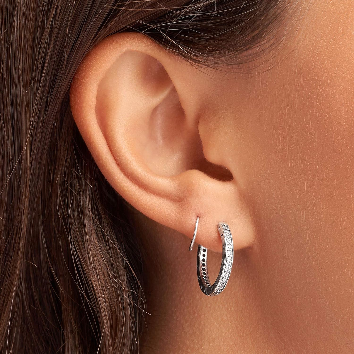 PANDORA Sparkle and PANDORA Logo Hoop Earrings - Stunning Women's Earrings - Great Gift for Her - Sterling Silver & Cubic Zirconia - 2.4 mm