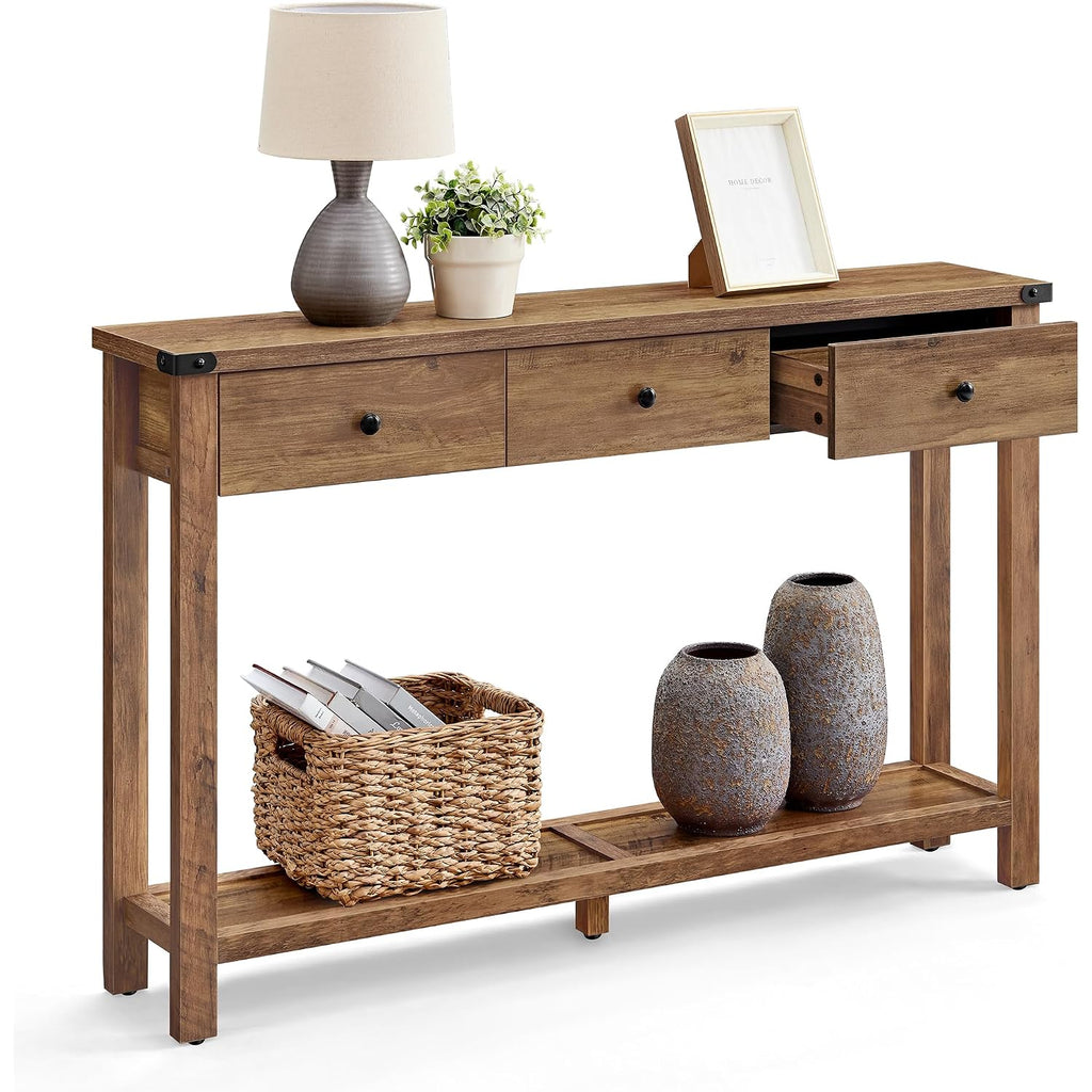 Vasagle Liry Collection Narrow Console Table With 3 Drawers, Brown | Sofa Table With Storage Shelf, Metal Corners, Farmhouse Style, Ulnt142Kb02S