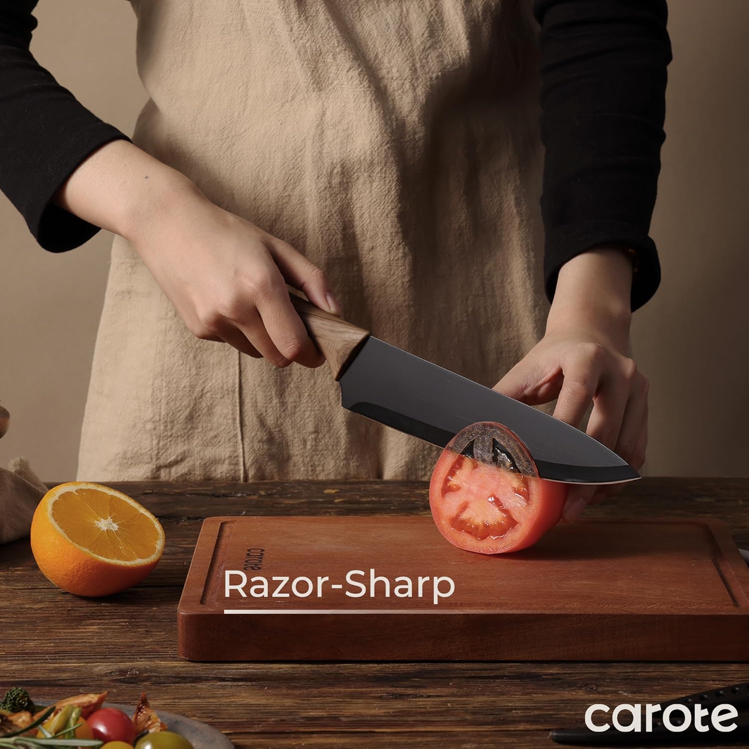 CAROTE 12PCS Knife Set, Stainless Steel Kitchen Knife Set with Nonstick Ceramic Coating, 6 Knives with Blade Guards, Rustproof, Easy-Clean, Black