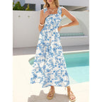 Caracilia Womens Summer Maxi Dresses Floral Smocked Sleeveless Ruffle Boho Casual Flowy Aline Beach Vacation Long Sundress