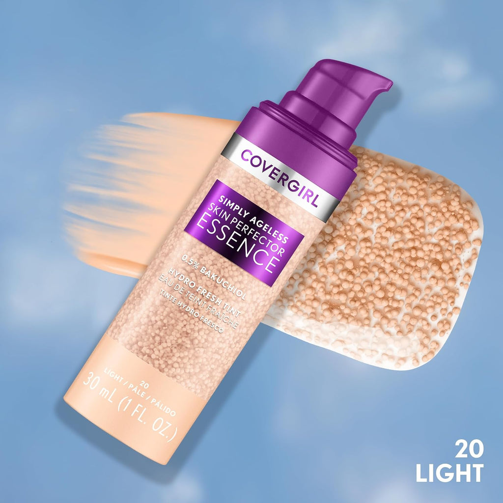 Covergirl Simply Ageless Skin Perfector Essence Foundation, 20 Light, Tinted Skincare Makeup Hybrid, Sheer Tint, Radiant Finish, Glowy Finish, Vegan Formula, 1.0Oz