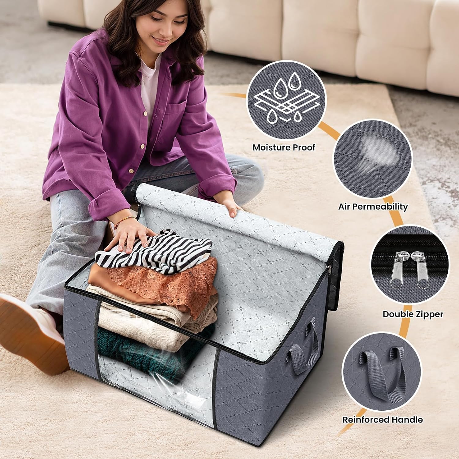 6 Pack Storage Bags For Clothes And Blanket, Foldable Closet Organizers And Storage With Zippers, Clear Window And Handles, Fabric Storage Bins For Sweater, Comforter, Bedding,Linen Sheets