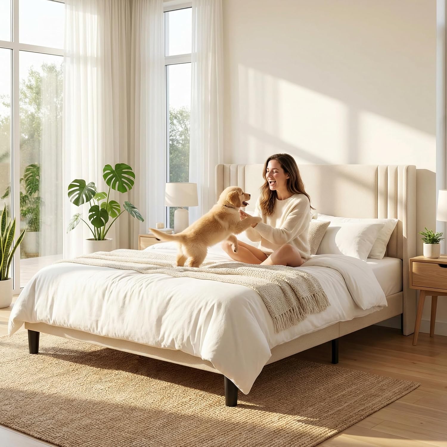 Gizoon Queen Bed Frame With Wingback Headboard, Upholstered Platform Bed, Wooden Slats, Noise-Free, No Box Spring Needed, Easy Assembly