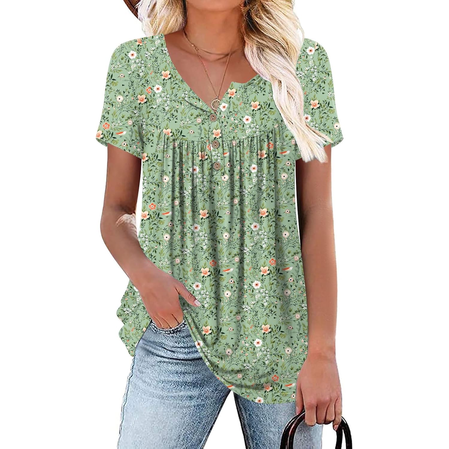 Women's Tunic Tops Short Sleeve Henley Pleated Blouse Loose Fit Summer Shirts for Leggings