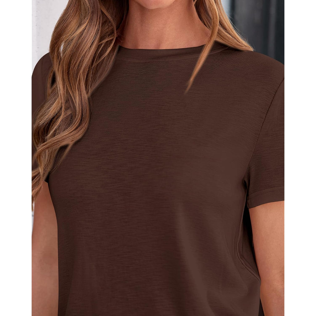 Kirundo Short Sleeve Tops For Women, 2026 Summer Crewneck Knit Plain T-Shirts, Soft Stretchy Basic Tee For Daily Wear Work