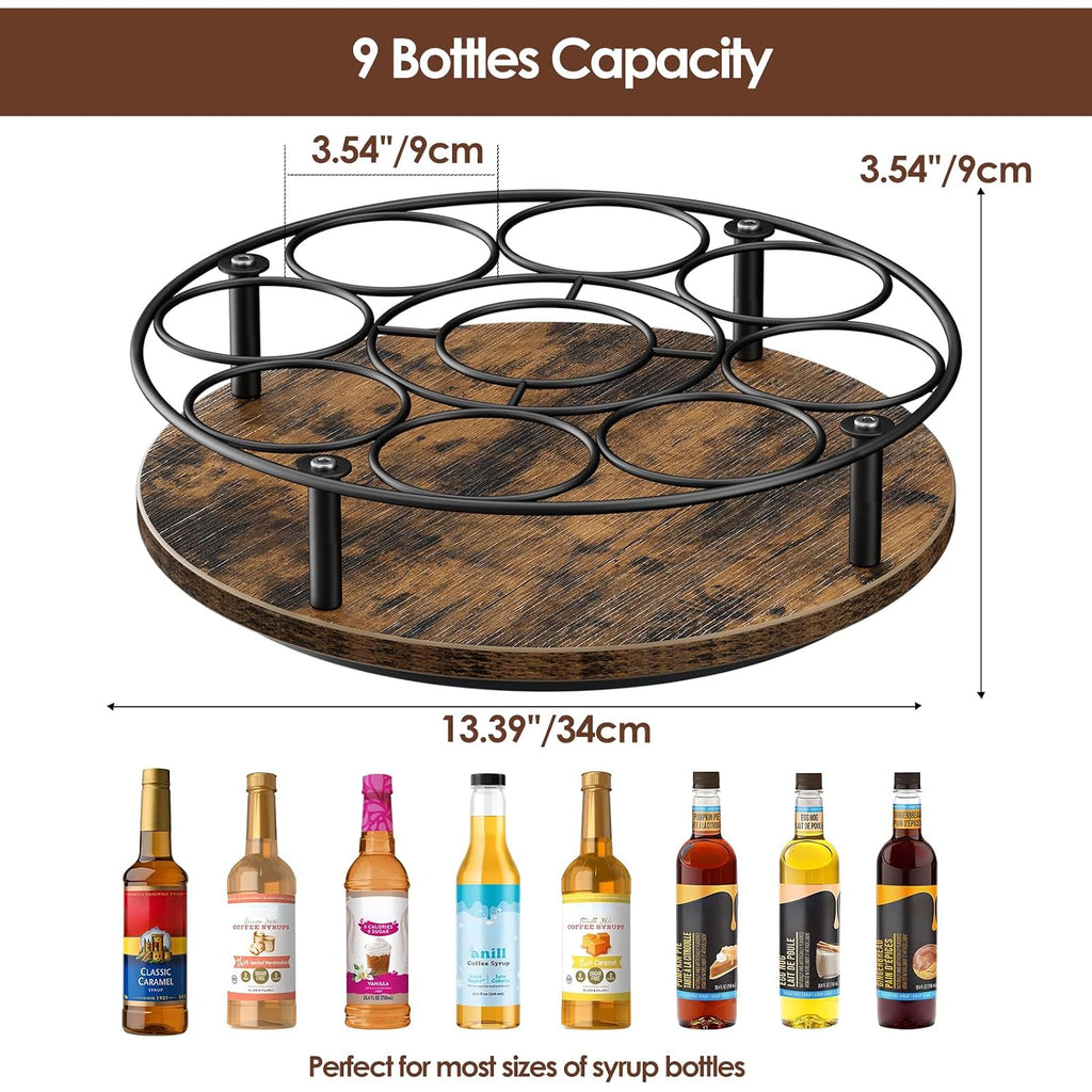 Nuovoware 9 Bottles Rotating Coffee Syrup Rack, Brown+Black | Carbon Steel Frame, Wooden Base Bottle Holder, For Coffee Flavored Syrups Table Top Thermos Liquor