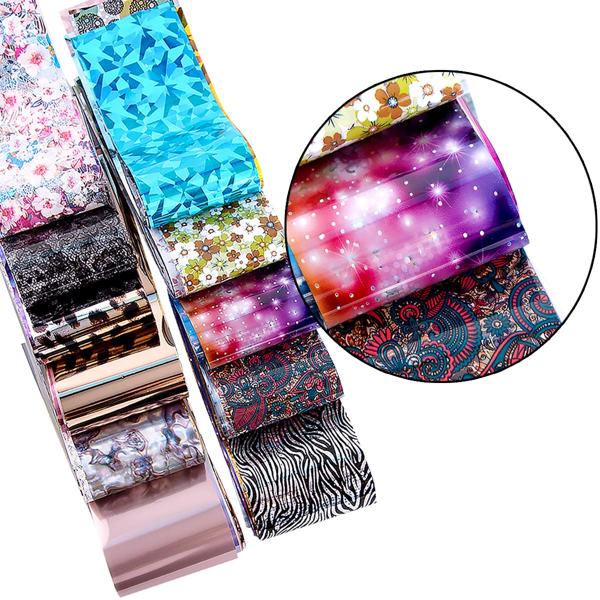 Duufin 300 Sheets Nail Foils Nail Art Transfer Foil Stickers Laser Flower Color Sheet Adhesive Stickers Paper Starry Sky Stars Black White Lace Design for Nail Art DIY Decoration