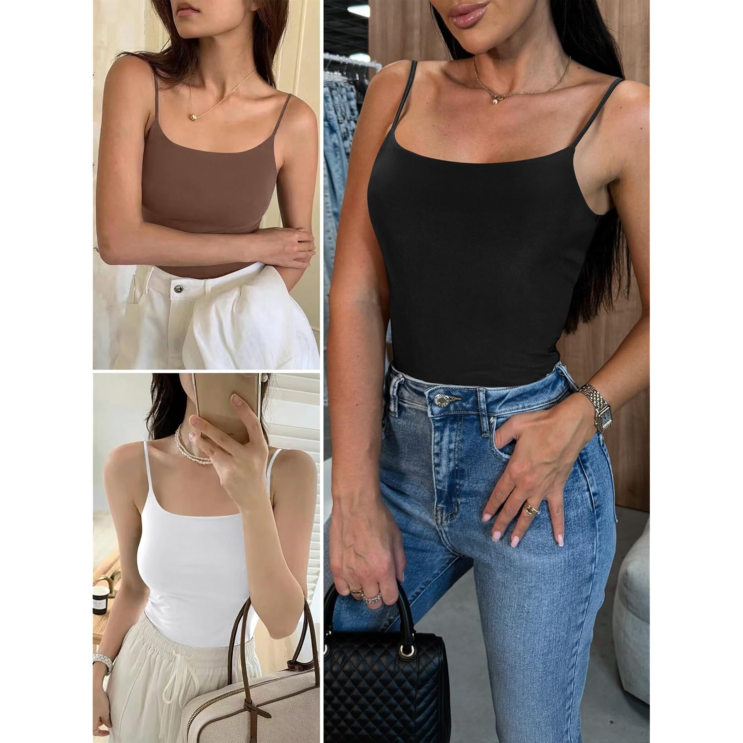 Anrabess Womens Cropped Spaghetti Strap Double Lined Tank Tops | Square Neck Camisole, Soft Stretchy Silky Fabric, Slim Fit, Casual Summer Layering, Going Out Workout, Y2K Basic Style