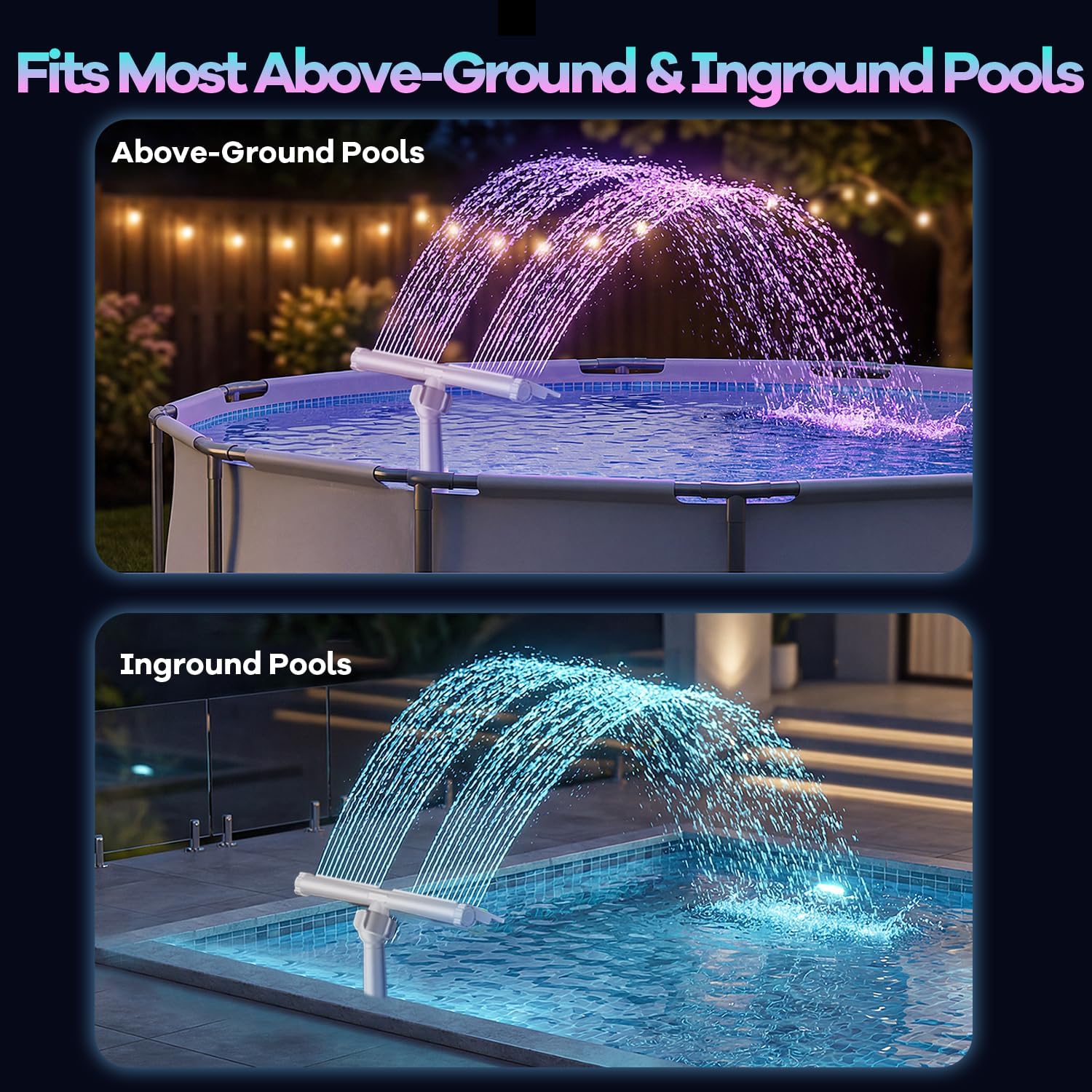 Solar Pool Fountain For Above Ground Pools And Inground Pools | Solar & Usb-C Dual Charging, 9-Color Auto-Sensing Lights, Dual Spray Waterfall, Adjustable Sprinkler For Relaxation
