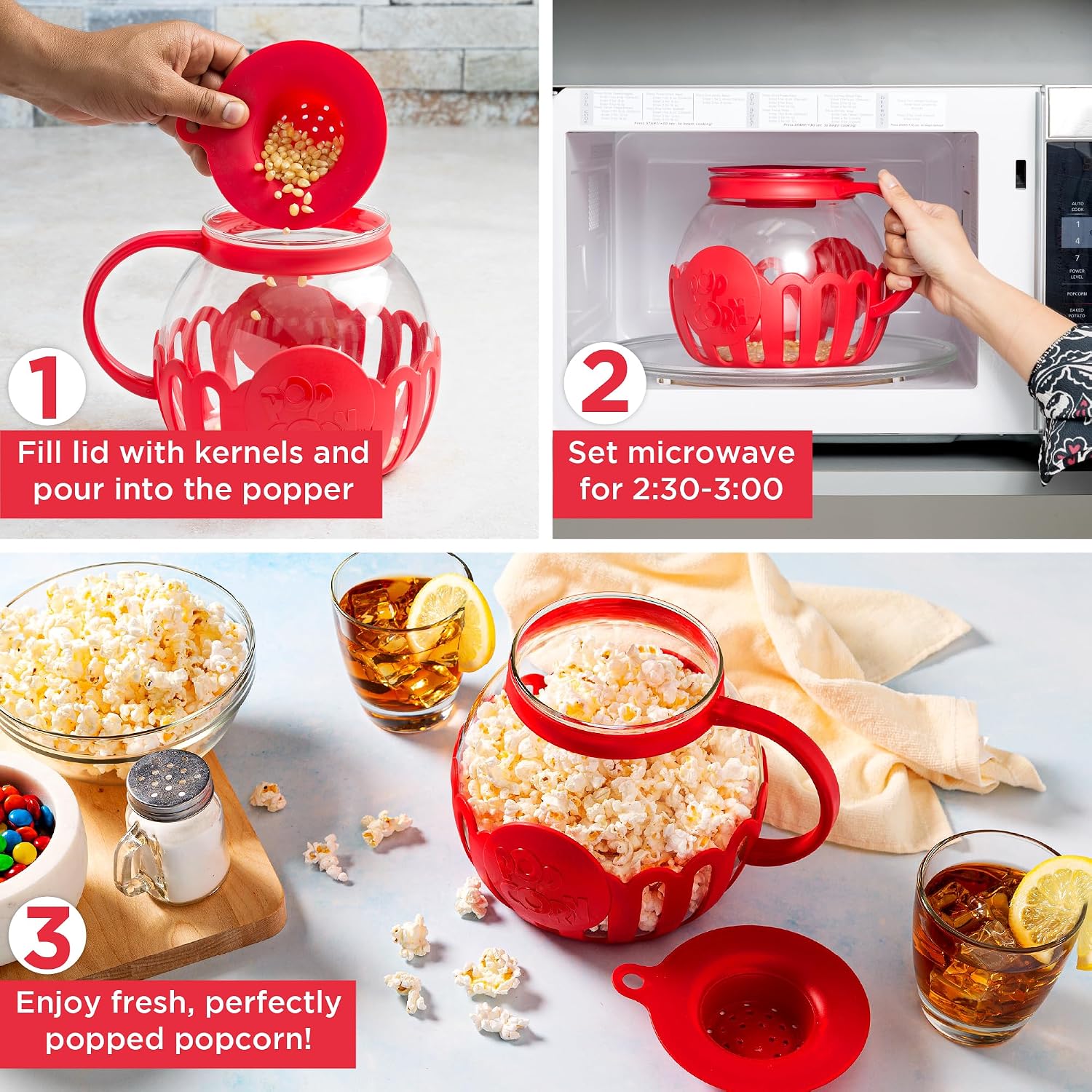Ecolution Patented Micro-Pop Microwave Popcorn Popper With Temperature Safe Glass, 3-In-1 Lid Measures Kernels And Melts Butter, Made Without Bpa, Dishwasher Safe, 3-Quart, Red