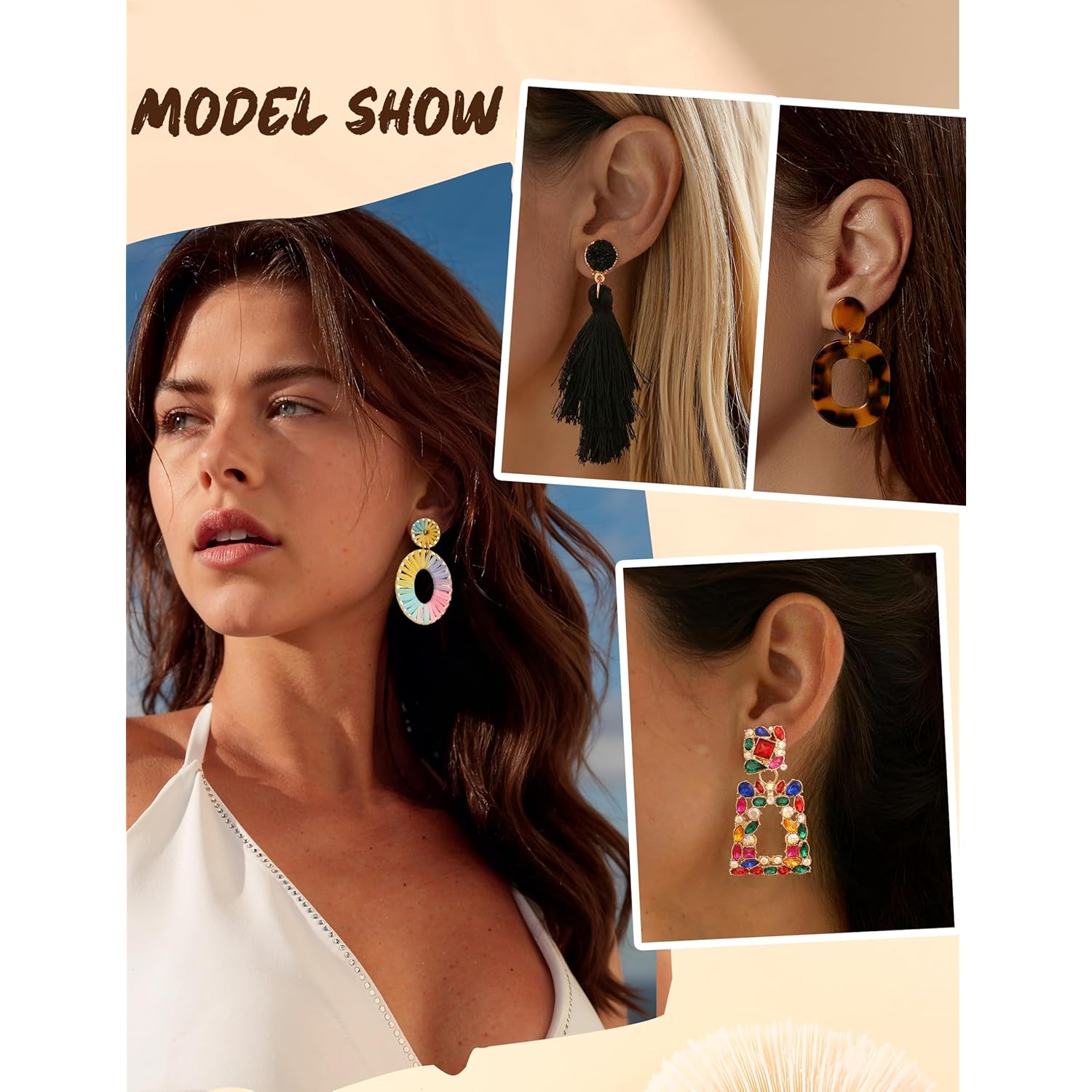 JeryWe 9 Pairs Clip on Earrings for Women Fashion Rattan Acrylic Tassel Drop Dangle Earrings Set Lightweight Geometric Statement Bohemian Clip Earrings for Non Piercied