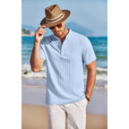 Coofandy Men Casual Henley Tee Shirt Short Sleeve Band Collar Summer Beach Textured T-Shirt