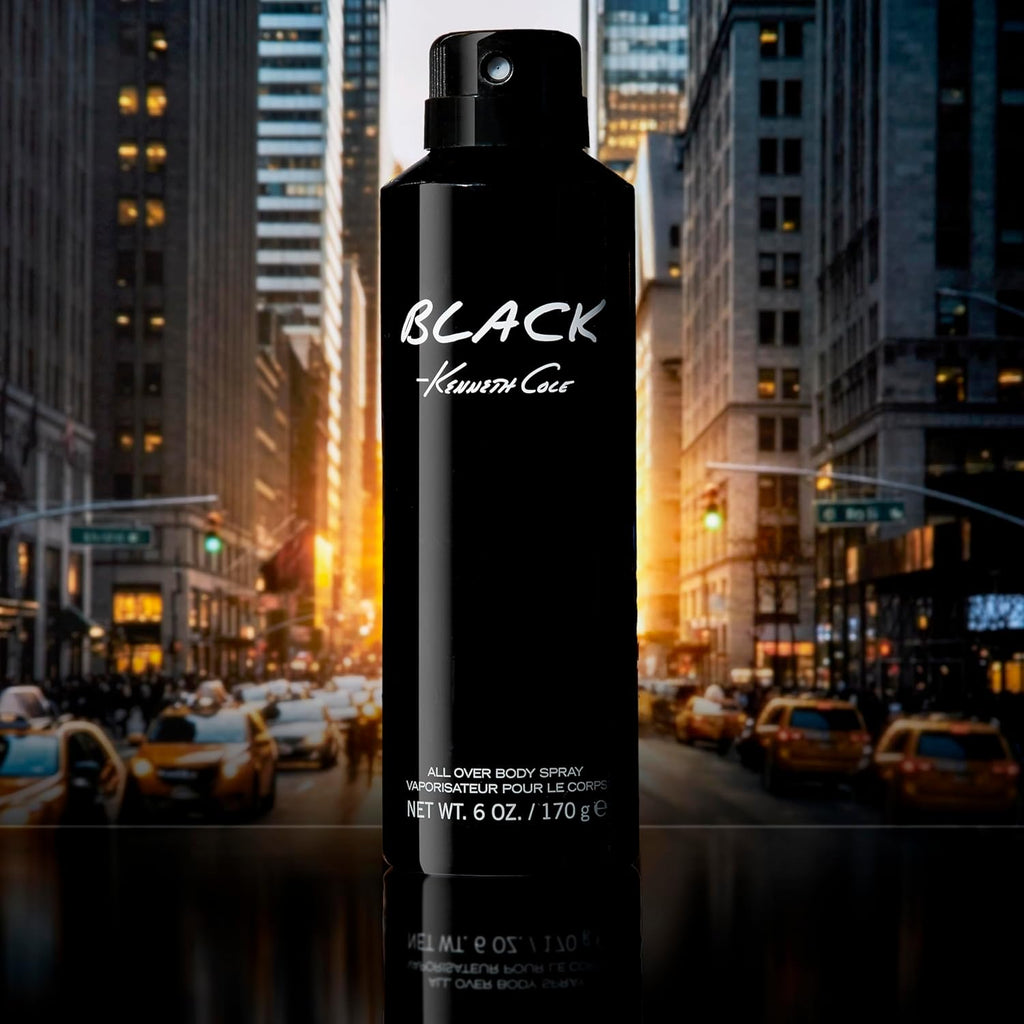 Kenneth Cole Black All Over Body Spray for Men, Aromatic Woody Fragrance, Notes of Watermint, Mandarin, Cedar, and Musk, Long-Lasting Cologne, 6.0 Fl. Oz