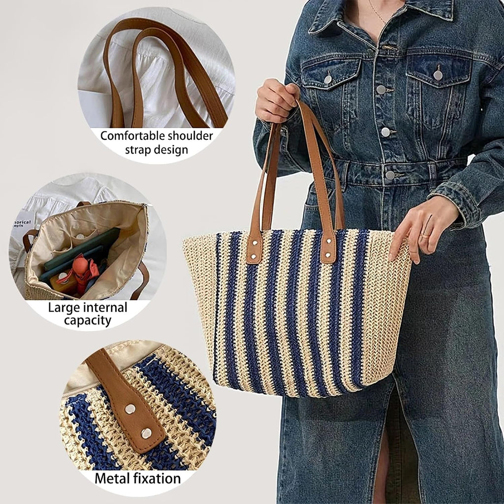 Handmade Woven Striped Tote Bag,Vintage Shoulder Bag,Summer Straw Beach Bag For Women,Blue,1 Piece