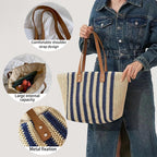 Handmade Woven Striped Tote Bag,Vintage Shoulder Bag,Summer Straw Beach Bag For Women,Blue,1 Piece