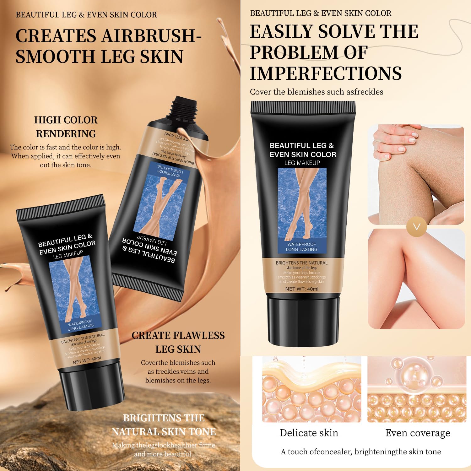 Body&Legs Makeup Waterproof No Transfer, Flawless Body Coverage Perfector, Leg And Body Scar Cover Up/Tattoo Cover Up,Airbrush Legs Glow Lotion (#2 Medium Golw, 40Ml)