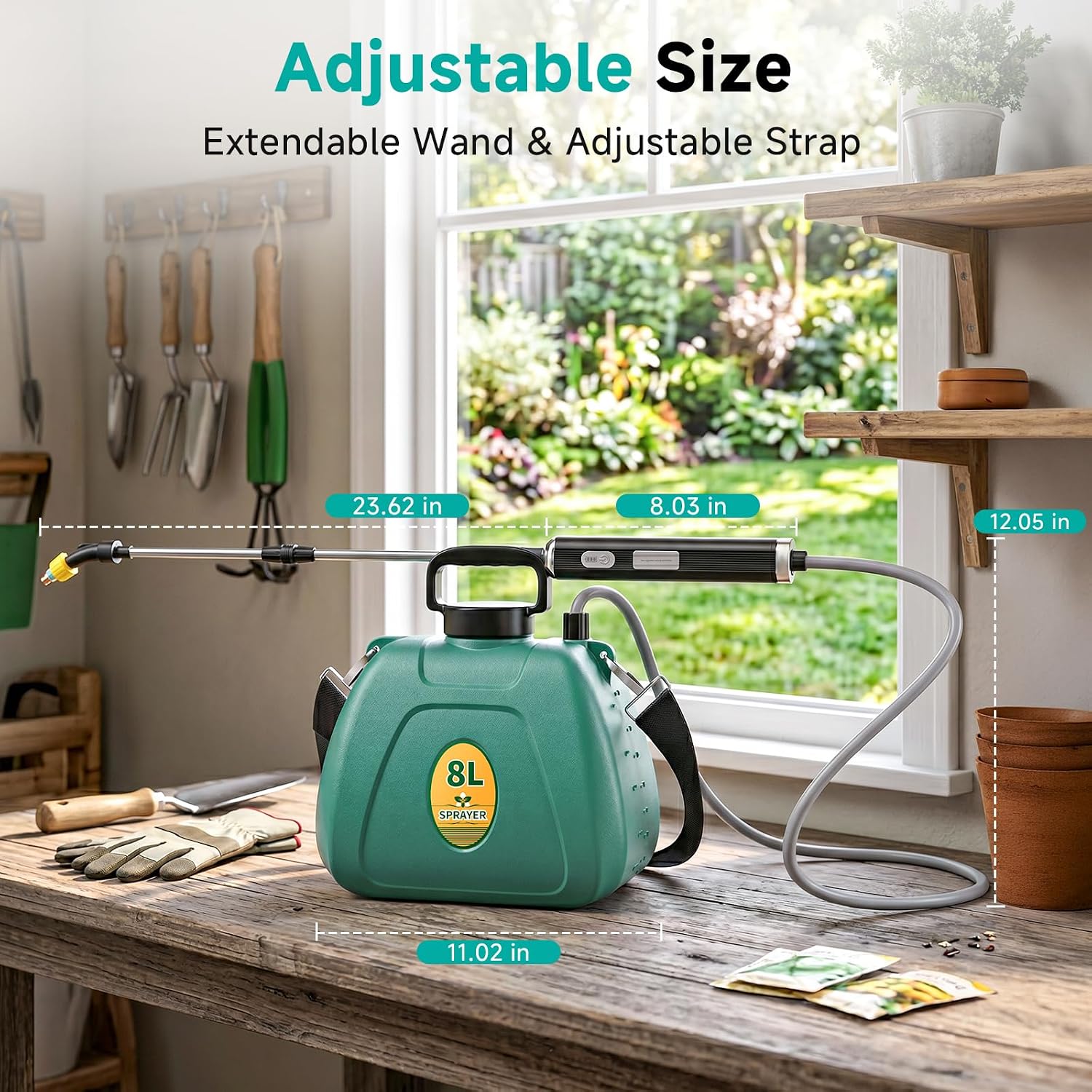 Battery Powered Garden Sprayer 2 Gallon, 7.4V High Pressure Rechargeable Weed Sprayer With 3 Pressure Mode, 5 Spray Nozzles, Telescopic Wand, Battery Indicator, Adjustable Strap For Lawn Garden, Green