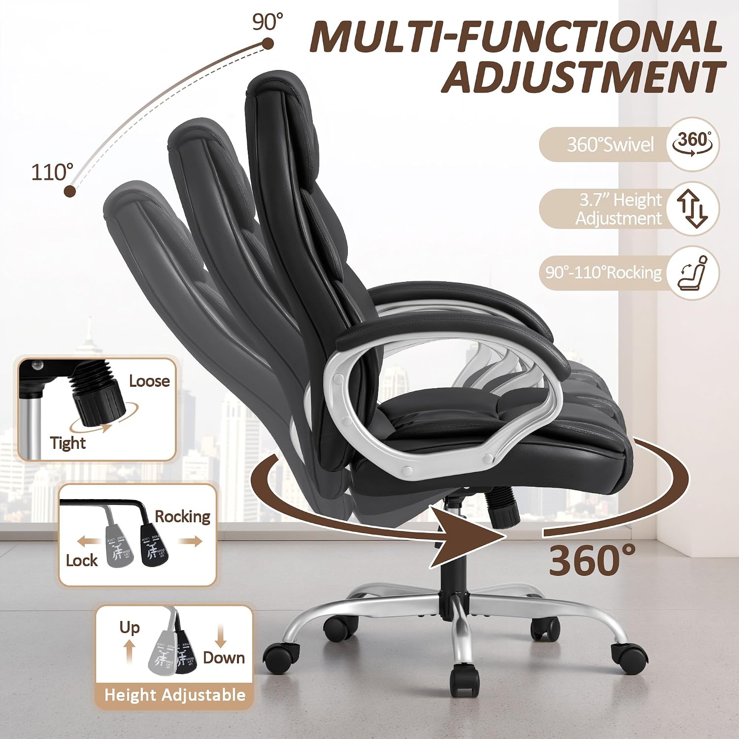 Homall Office Chair High Back Computer Desk Chair, Pu Leather Adjustable Height Modern Executive Swivel Task Chair With Padded Armrests And Lumbar Support (Black)