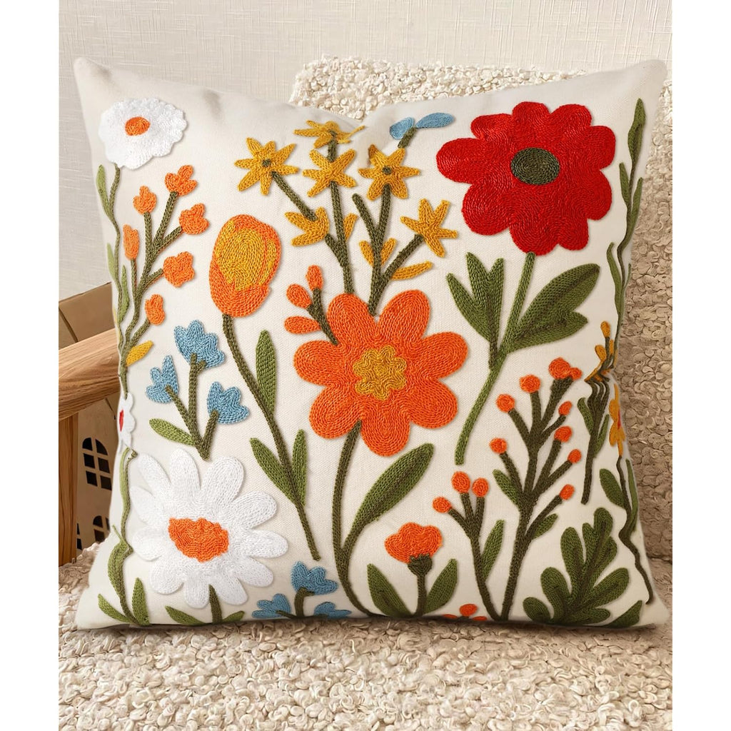 Embroidered Throw Pillow Cover 18X18 Inch - Spring Summer Boho Decorative Pillow Cover With Zipper For Living Room Couch Sofa Bed Aesthetic Design Flower Cluster Cushion Pillowcase