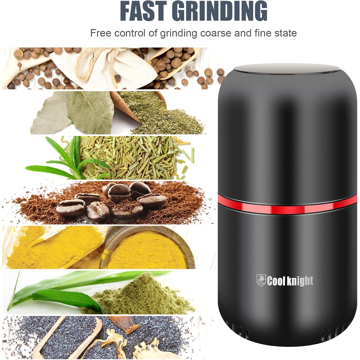 Cool Knight Herb Grinder [Large Capacity/Fast/Electric ]-Spice Herb Coffee Grinder With Pollen Catcher/- 7.5" (Black)