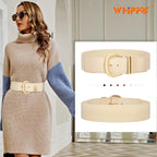 WHIPPY Women Wide Elastic Waist Belt for Dresses Fashion Gold Buckle Stretchy Leather Waistband for Ladies