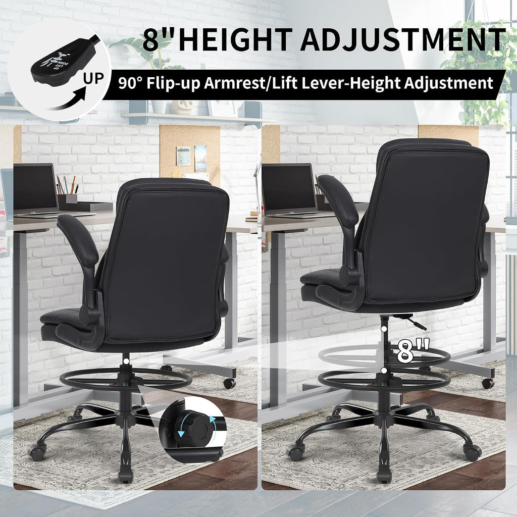 Misolant Drafting Chair, Tall Office Chair For Standing Desk, High Leather Executive Office Chair With Adjustable Height And Flip-Up Armrest For Counter Height Desk
