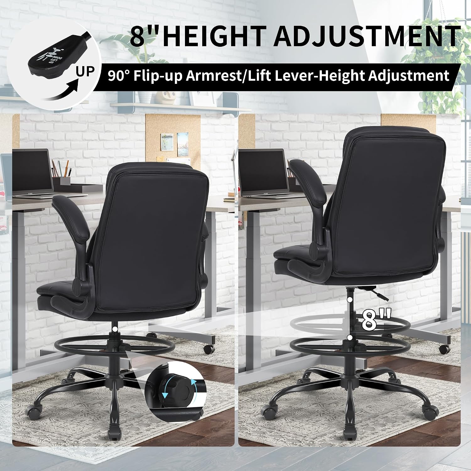 Misolant Drafting Chair, Tall Office Chair For Standing Desk, High Leather Executive Office Chair With Adjustable Height And Flip-Up Armrest For Counter Height Desk